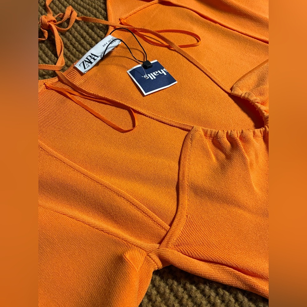 ZARA Knit Long Sleeve Tie-Front Bodysuit – vibrant bright Orange | Size S | NWT - Picture 11 of 11